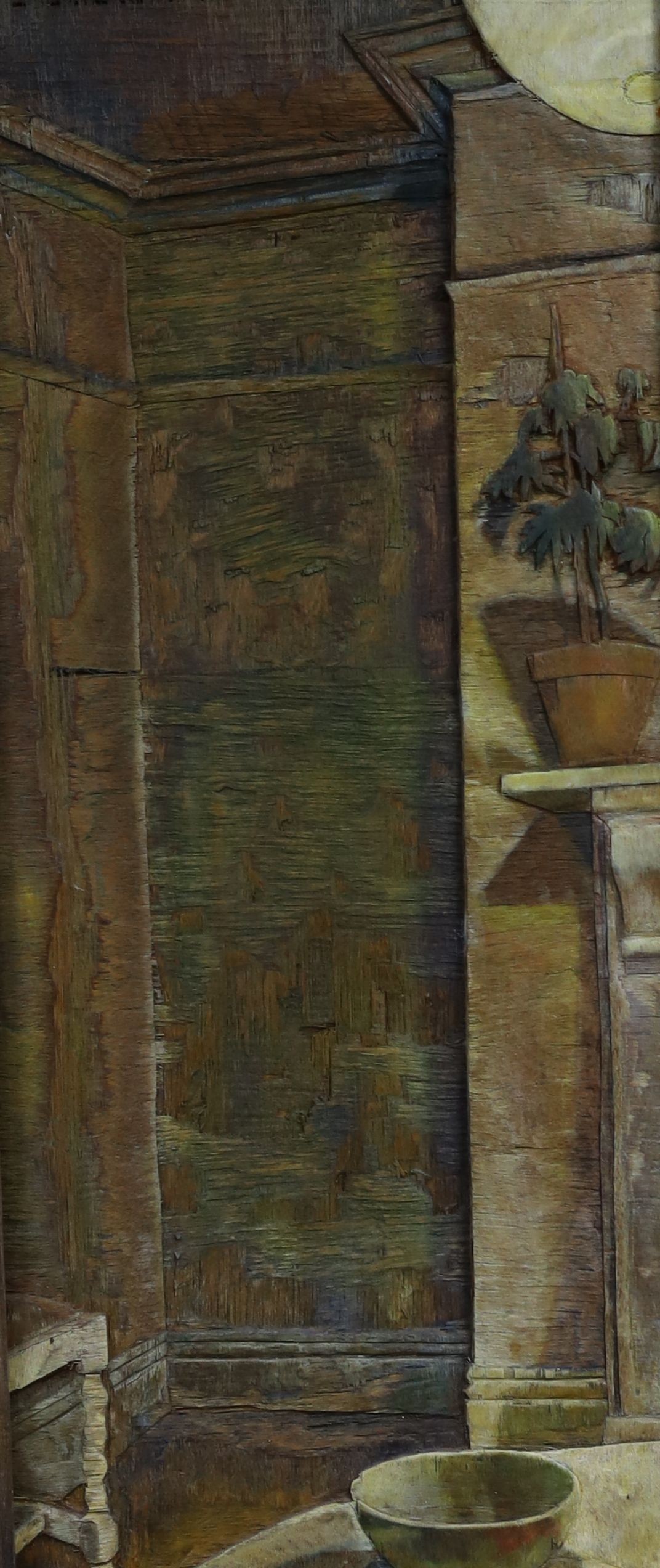 Caroline White, two oil on carved plywood panels, Corner of a room with pot plant, signed verso, 84 x 35cm and 'Harmony II', 140 x 84cm